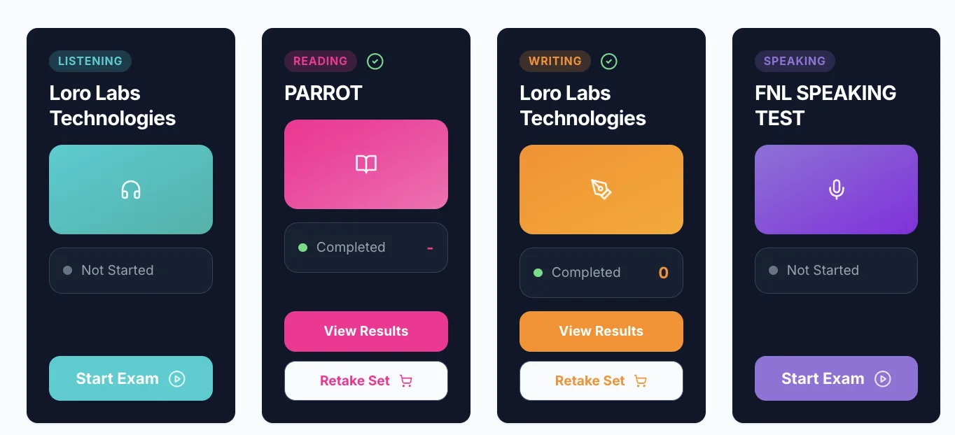 Lexis exam library with listening, reading, writing, and speaking modules